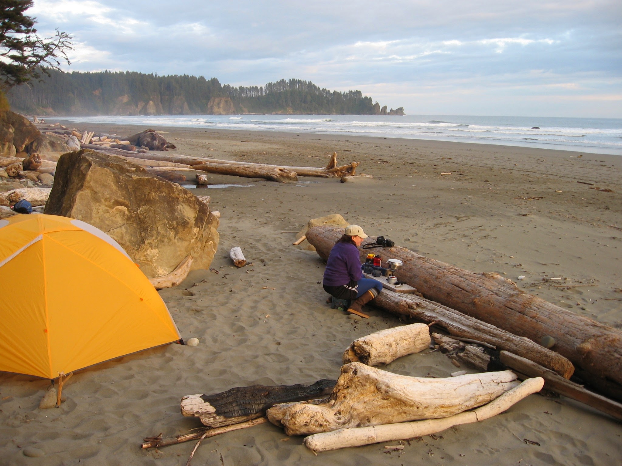 Sandy beach with driftwood surrounded by evergreen trees and ocean. There are clouds in the sky and a yellow tent. A women is using a backpacking stove
