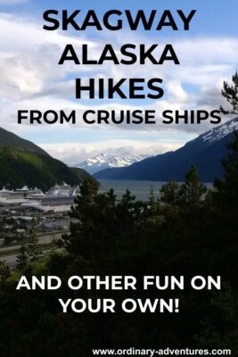Distant snow capped mountains with a fjord and a small town with several cruise ships in port and evergreen trees in the foreground. text reads: Skagway Alaska Hikes from cruise ships and other fun on your own