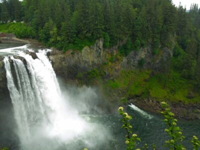 One of the best waterfall hikes near Seattle, Snoqualmie Falls plunges over a rock wall near the Snoqualmie Falls lodge