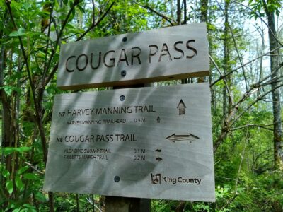 A wooden sign next to a trail in the forest. The sign says Cougar Pass and shows different trails and their distance.