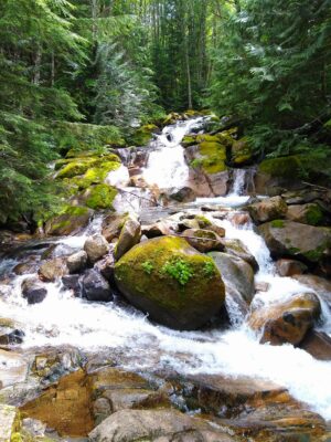 A river cascades among rocks in the forest on the Annette Lake hike