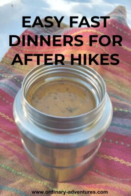 A multi colored cloth napkin on the snow. On the napkin is a silver colored thermos with soup in it. Text reads: Easy fast dinners for after hikes