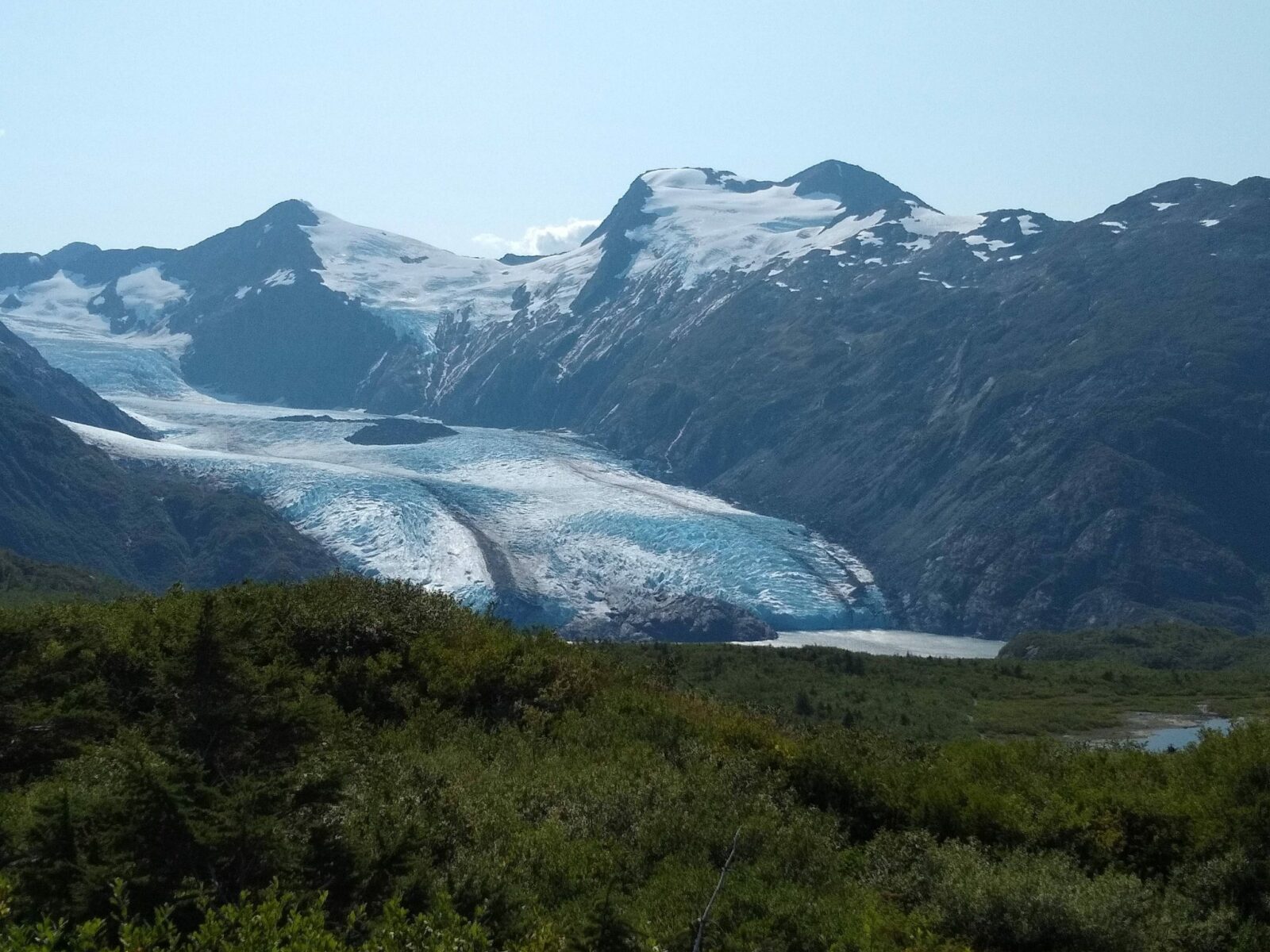 Portage glacier in the middle, meadows in the foreground and mountains in the background against a blue sky