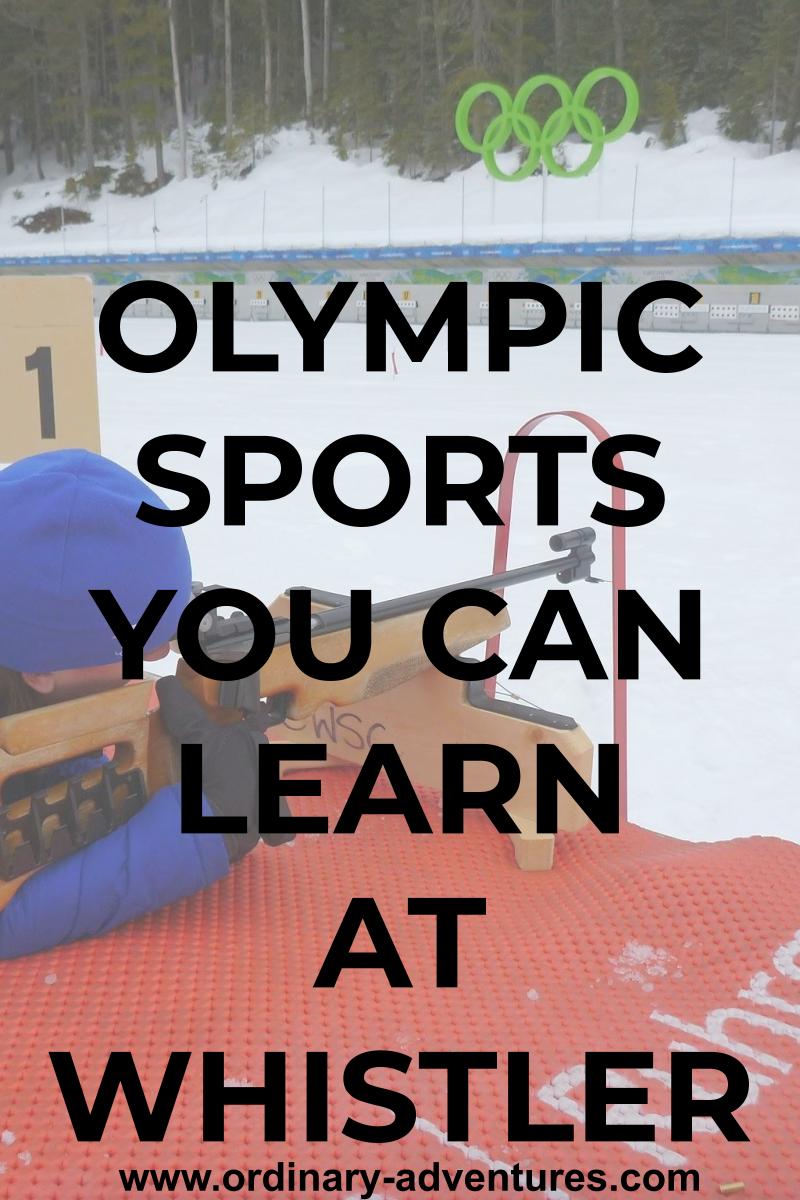 A person holds a gun designed for use in the Olympic Sport of Biathlon on the Biathlon range to learn a new Olympic sport, one of many on offer at Whistler Olympic park. Text reads Olympic Sports you can learn at Whistler