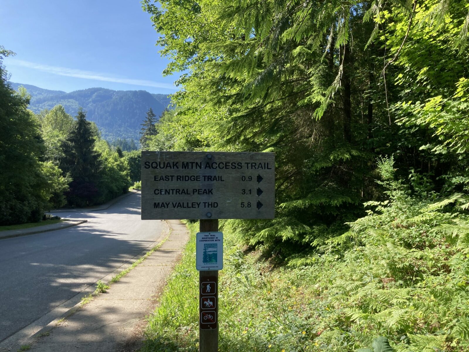A wooden trail sign next to a road in a forested neighborhood. The sign indicates the Squak Mountain Access Trail on the way to the East Ridge Trail