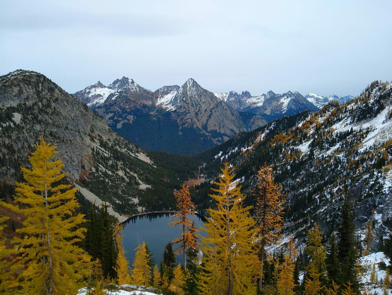 Golden larch trees in the foreground frame an alpine lake below. The lake is surrounded by high mountains with a dusting of snow. It's an overcast day along the Maple Pass trail, one of the best larch hikes in Washington