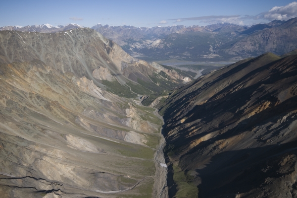 An aerial view of the mountains, lakes and valleys of Kuane National park along the drive to alaska